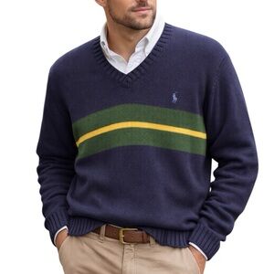 Polo Ralph Lauren V-Neck Sweater XL Navy Green Yellow Stripe 100% Cotton